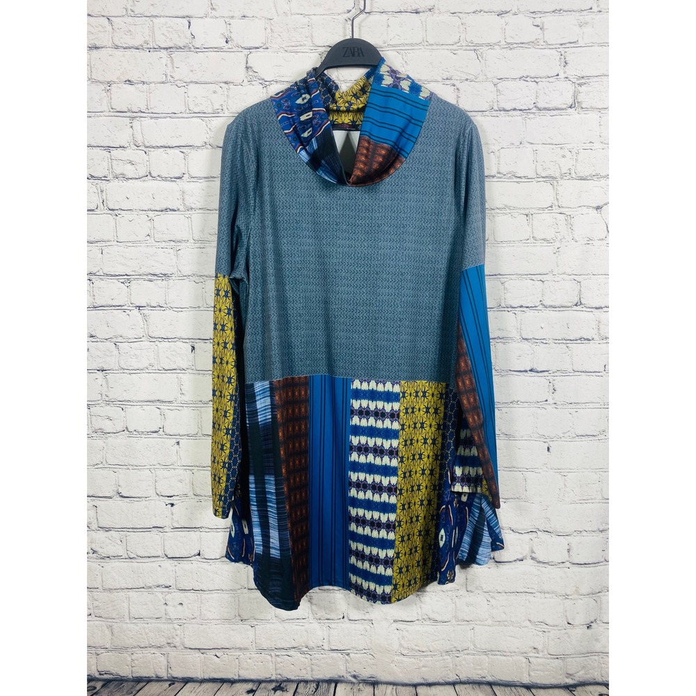 Azalea Tunic Women XL Patchwork Cowl Neck Blue Yellow XL Excellent Mixed Media